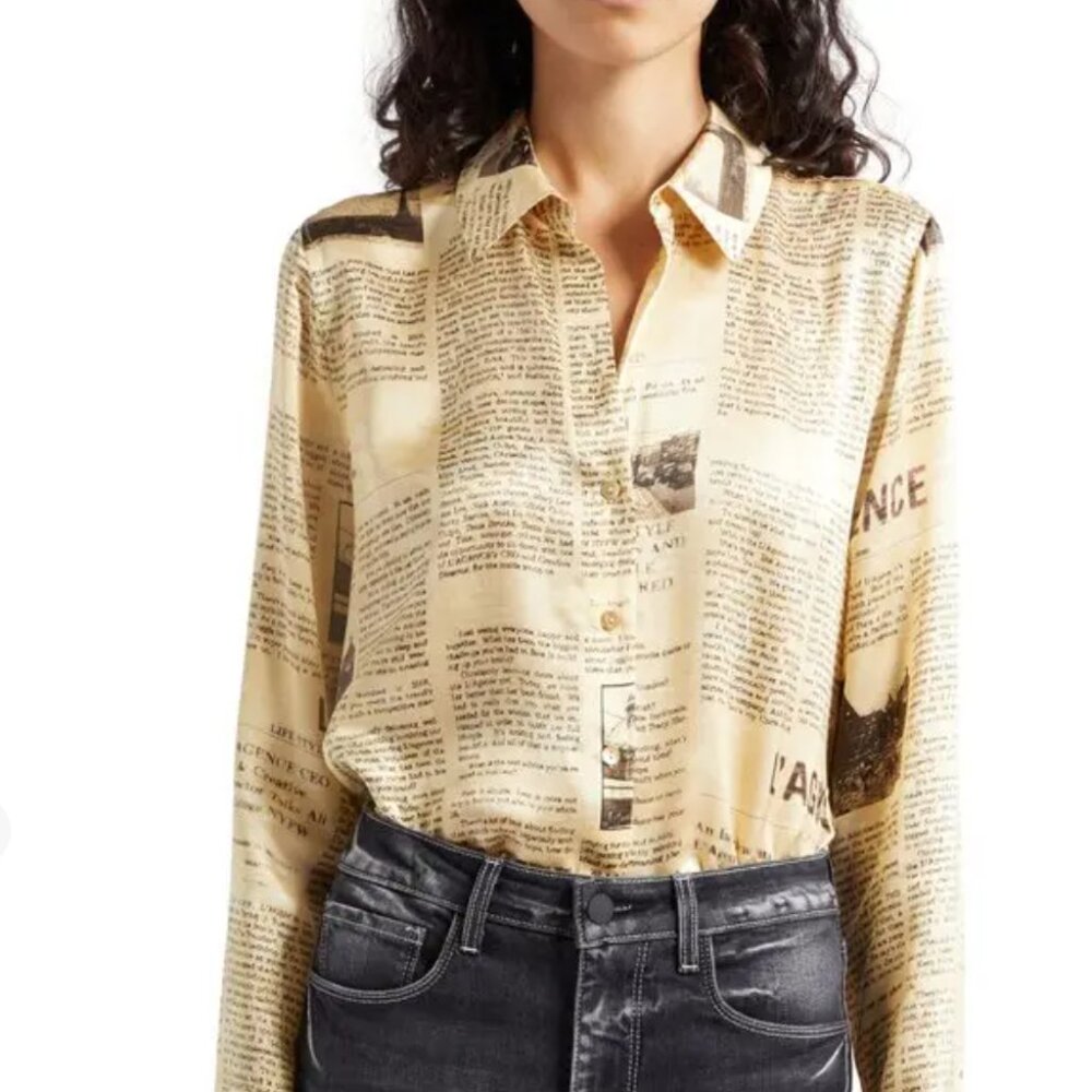 NWT! L'AGENCE Tyler Newspaper-Print Silk Shirt Size XS